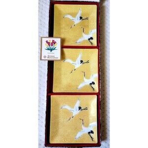 Set of 3 Vintage Shippo Yaki Japanese Cloisonne Crane Art Glass Small Plate Dish